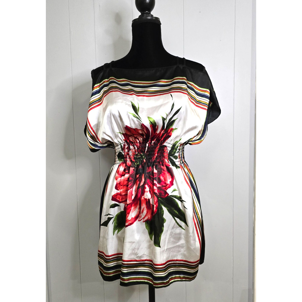 VTG NWOT Topia Womens XL Y2K 90s Tunic Bold Floral Striped Smocked Cinched Waist